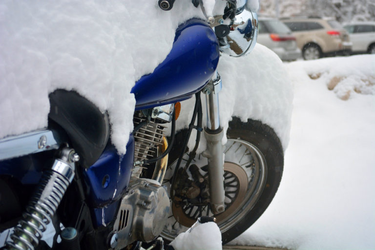 Snow Covered Motorcycle on a Cold Winter Day DJMC.dk